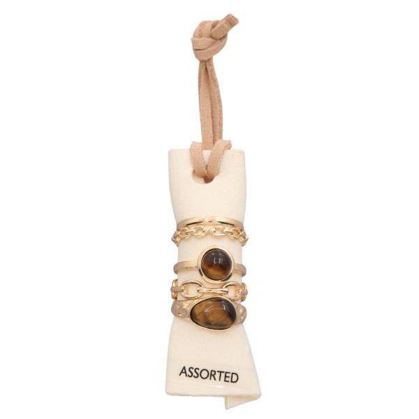 Metal Amber Stone Link Stackable Multi Ring Set