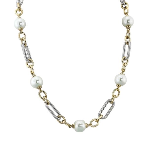 Two Tone Metal Pearl Link Necklace