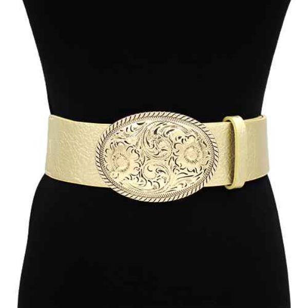 ENGRAVED OVAL BUCKLE LEATHER ELASTIC BELT