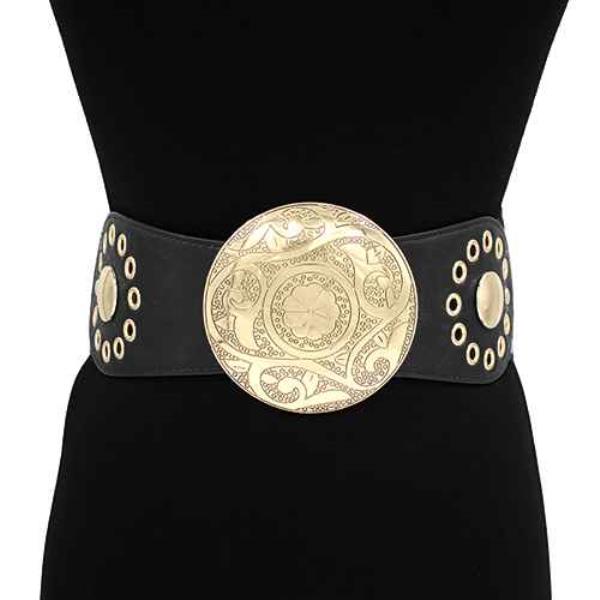 Engraved Round Western Buckle Leather Elastic Belt