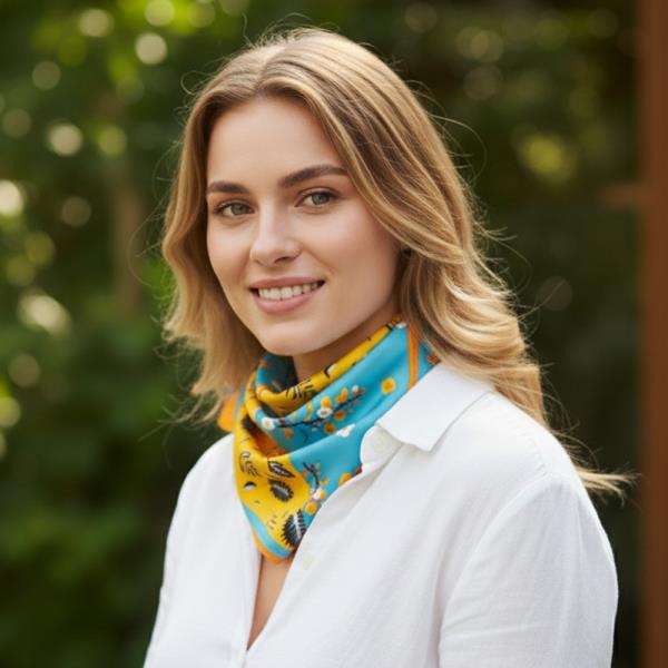Two Tone Botanical Print Bandana Square Neck Scarf