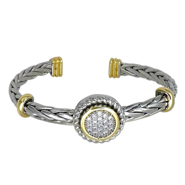 Two Tone Braided Link Round CZ Cuff Bracelet