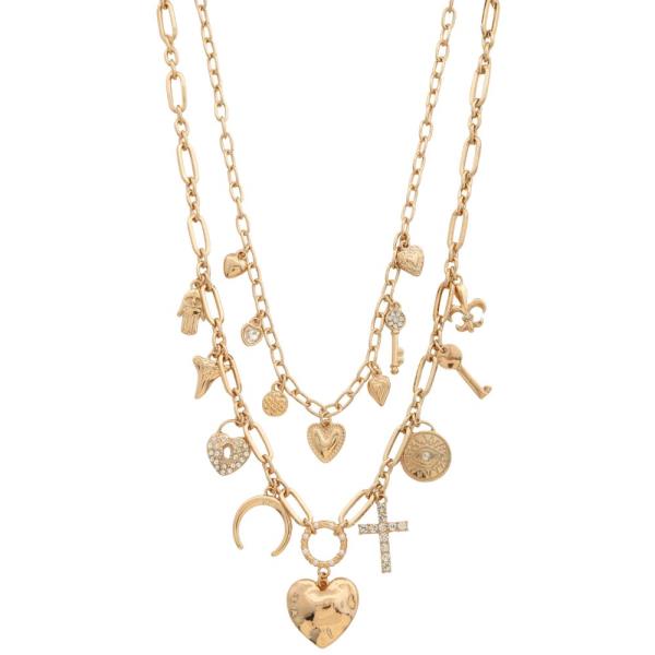 Heart Cross Multi Charm Layered Metal Necklace