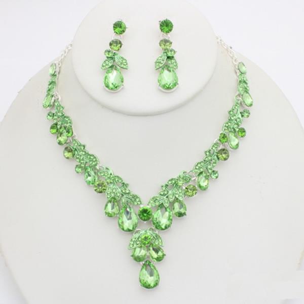 Rhinestone Leaf Drop Necklace Earring Set