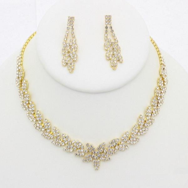Rhinestone Leaf Cluster Necklace Earring Set