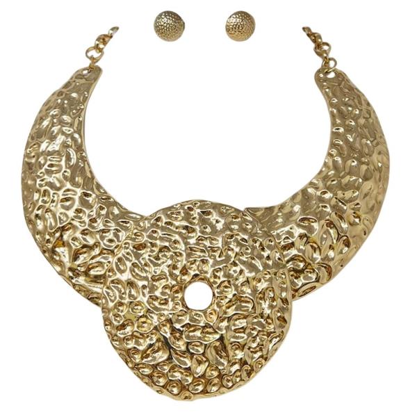 Hammered Metal Texture Panel Necklace Earring Set