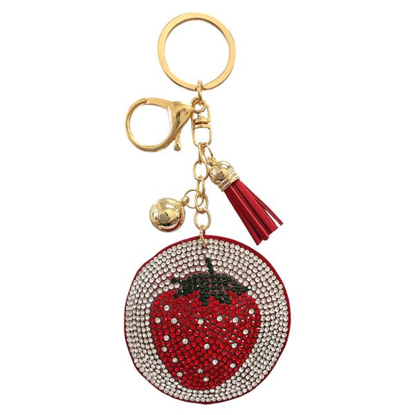 RHINESTONE ROUND STRAWBERRY BAG CHARM KEYCHAIN WITH TASSEL