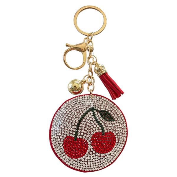 RHINESTONE ROUND CHERRY BAG CHARM KEYCHAIN WITH TASSEL