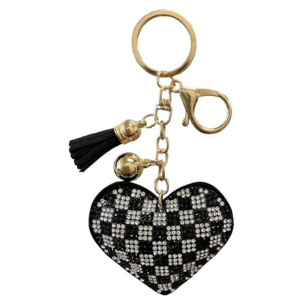 RHINESTONE CHECKER HEART BAG CHARM KEYCHAIN WITH TASSEL