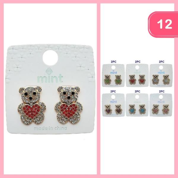 Rhinestone Teddy Bear Heart Earring (12 Units)