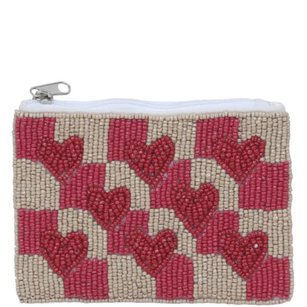 Contrast Beaded Zipper Coin Purse Bag Pouch