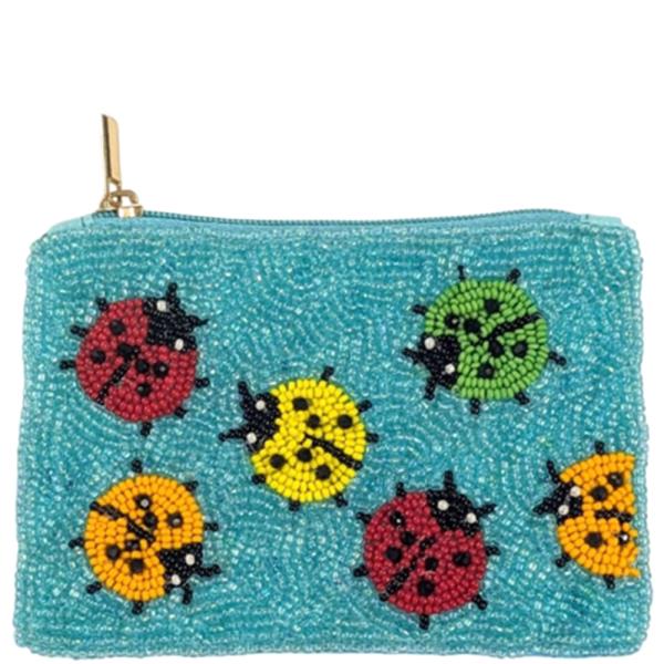 Lady Bugs Beaded Zipper Coin Purse Bag Pouch