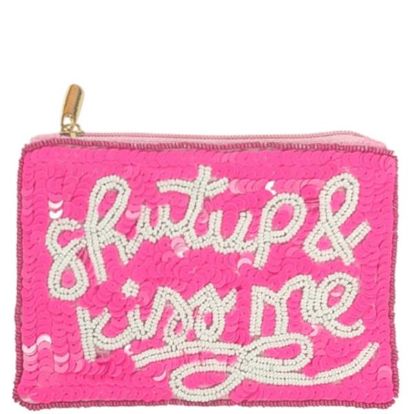 Shut Up and Kiss Me Beaded Zipper Coin Purse Bag