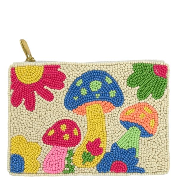 Mushrooms Beaded Zipper Coin Purse Bag Pouch