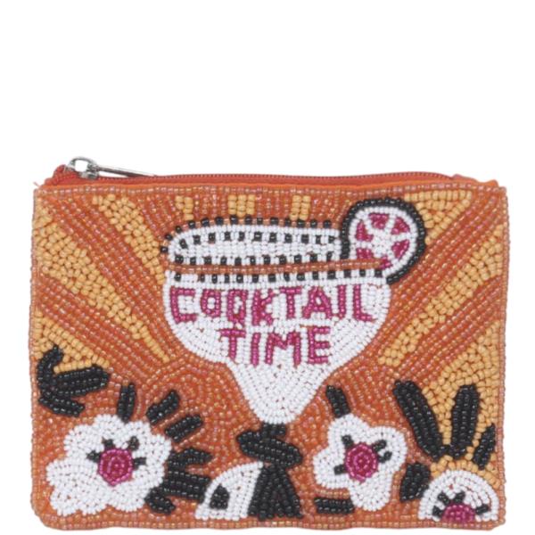 Cocktail Time Beaded Zipper Coin Purse Bag Pouch