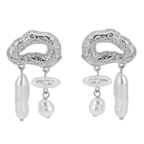 Textured Metal Pearl Bead Link Dangle Earring