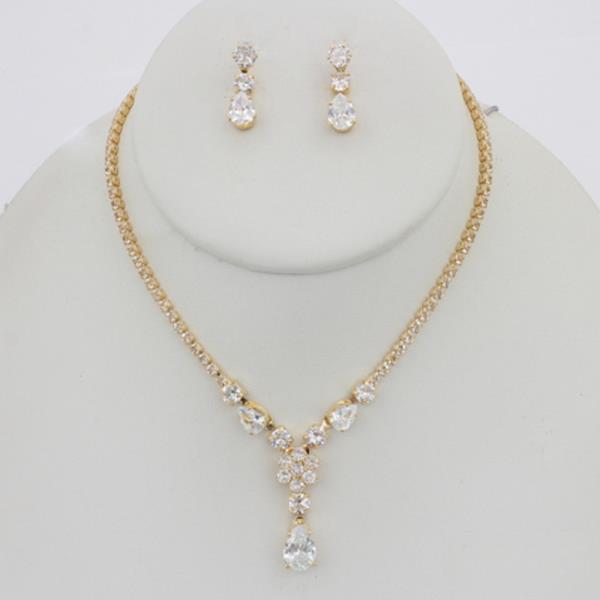 Crystal Stone Cluster Drop Necklace Earring Set