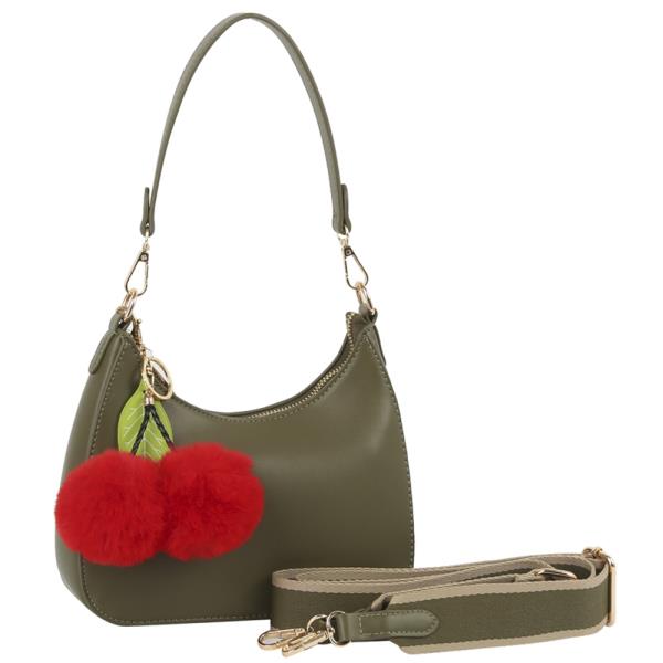 Smooth Shoulder Bag W Cherry Pom and Strap
