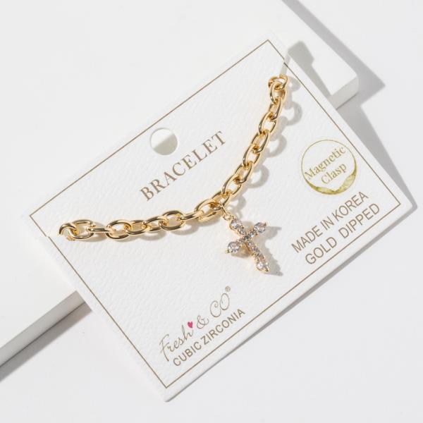 Gold Dipped Cubic Zirconia Chain Cross Bracelet