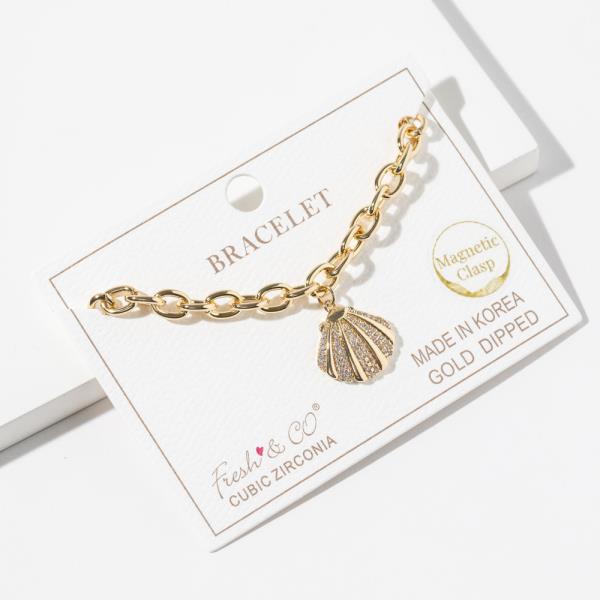 Gold Dipped Cubic Zirconia Shell Pendant Bracelet