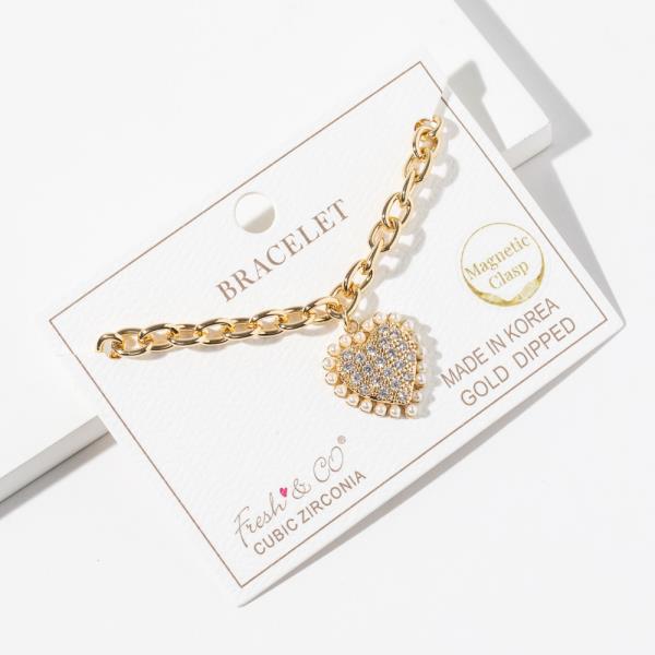 Gold Dipped Cubic Zirconia Heart Pendant Bracelet