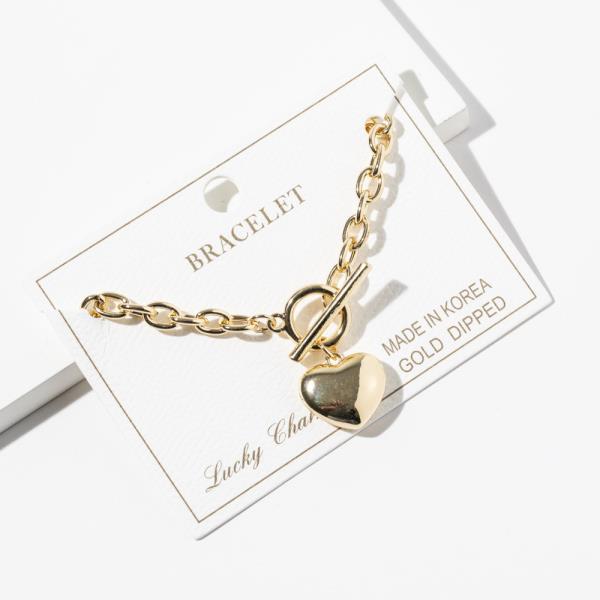 Gold Dipped Metal Chain Link Heart Toggle Bracelet