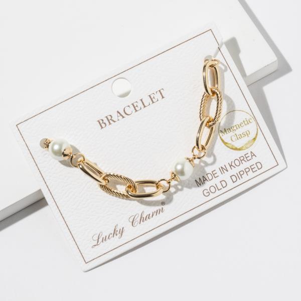 Gold Dipped Metal Chain Link Pearl Accent Bracelet