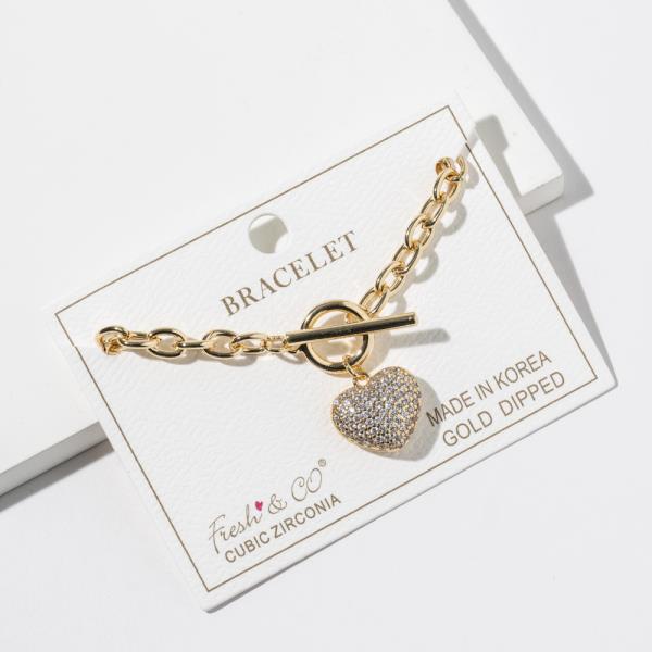 Gold Dipped Cubic Zirconia Heart Toggle Bracelet