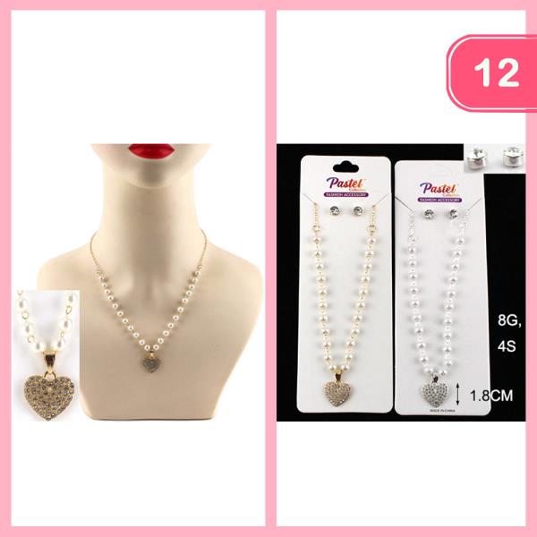 Rhinestone Heart Necklace Earring Set (12 Units)