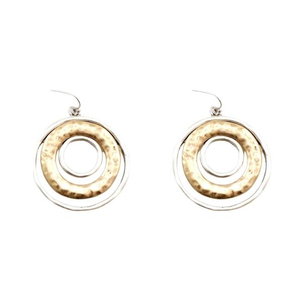 Two Tone Metal Round Hammered Dangle Earring