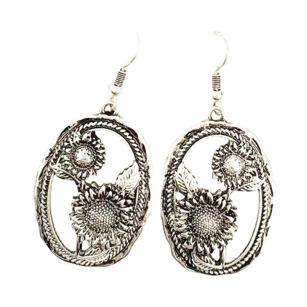 Double Flower Oval Metal Dangle Earring