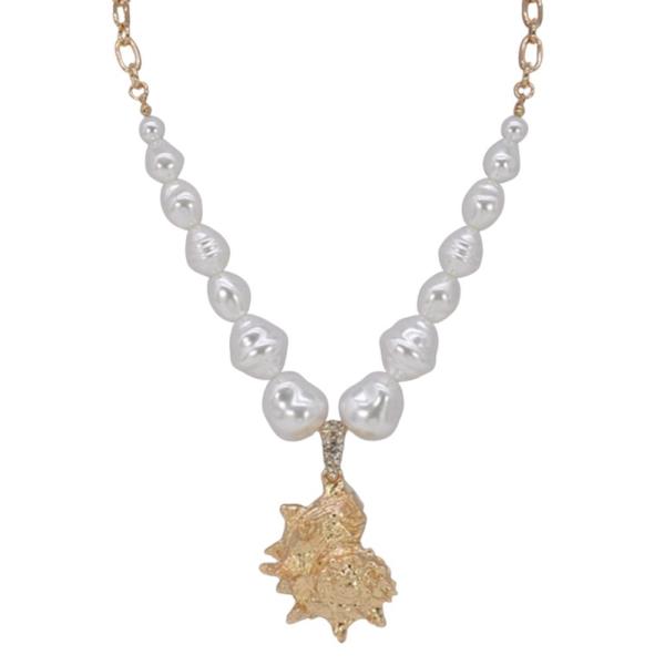 TEXTURED METAL PEARL BEADED SHELL PENDANT NECKLACE