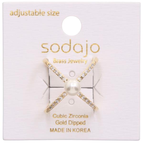 SODAJO Pearl Bead CZ Gold Dipped Adjustable Ring