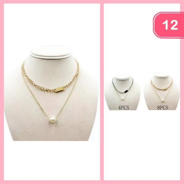 2 Layered Metal Chain Pearl Necklace (12 Units)