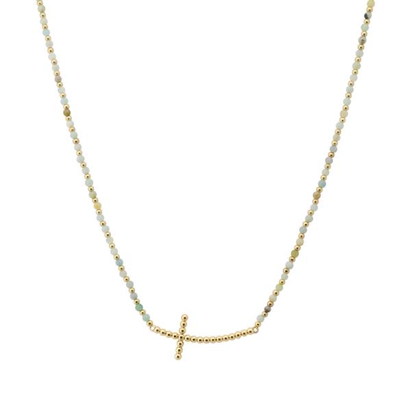 Slanted Cross Dainty Bead Necklace