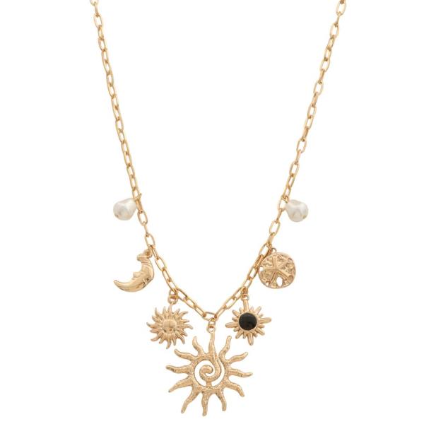 SDJ Sun Moon Multi Charm Pearl Bead Necklace