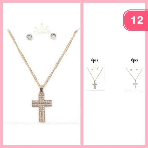 Rhinestone Cross Necklace Earring Set (12 Units)