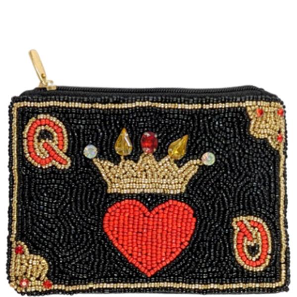Queen Hearts Beaded Zipper Coin Purse Bag Pouch