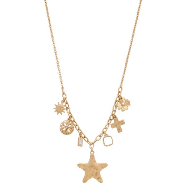 Hammered Metal Star Pendant Multi Charm Necklace