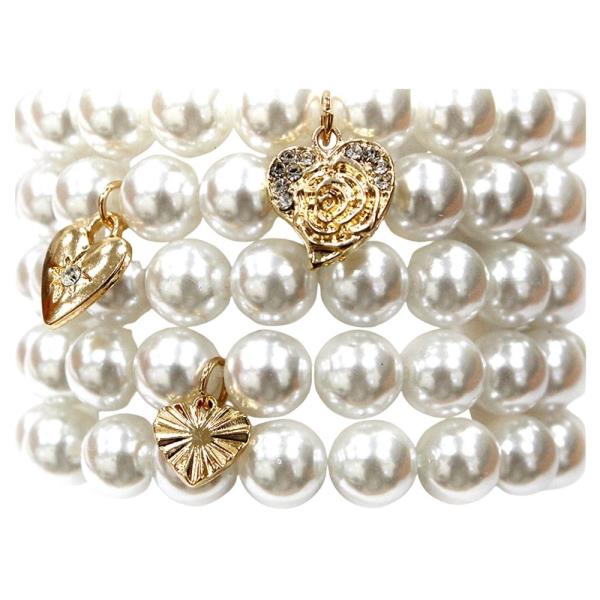 Heart Rose Multi Charm Stretch Pearl Bracelet Set