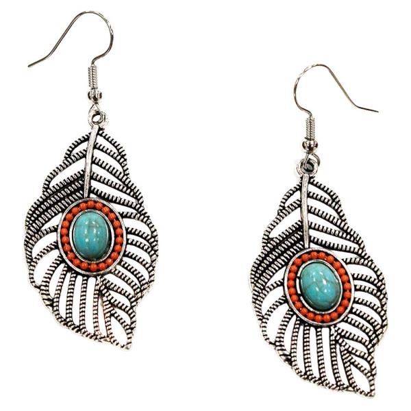 Metal Feather Ornament Stone Drop Dangle Earring