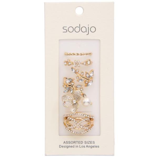 SODAJO Rhinestone Pearl Bead Metal Ring Set