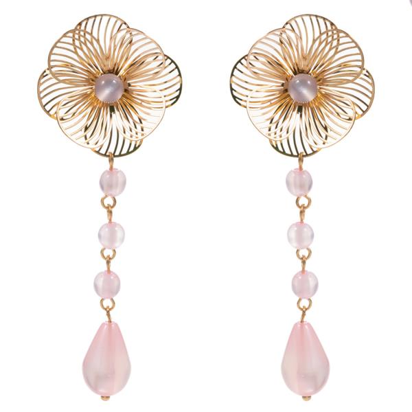Flower Brass Metal Faux Cat Eye Dangle Earring