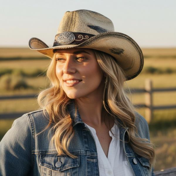 ANTIQUE WASH STRAW COWBOY HAT WITH ORNATE OVAL BUCKLE FAUX LEATHER BAND