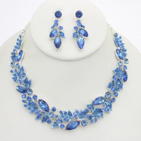 Rhinestone Leaf Necklace Earring Set