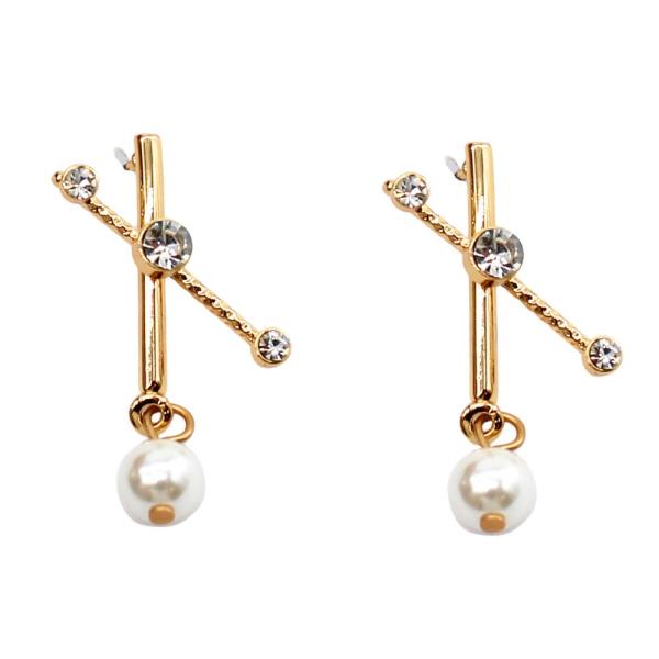 Criss Cross Metal Bar Pearl Rhinestone Earring