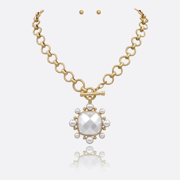 Pearl Halo Pendant Water Resistant Necklace Set