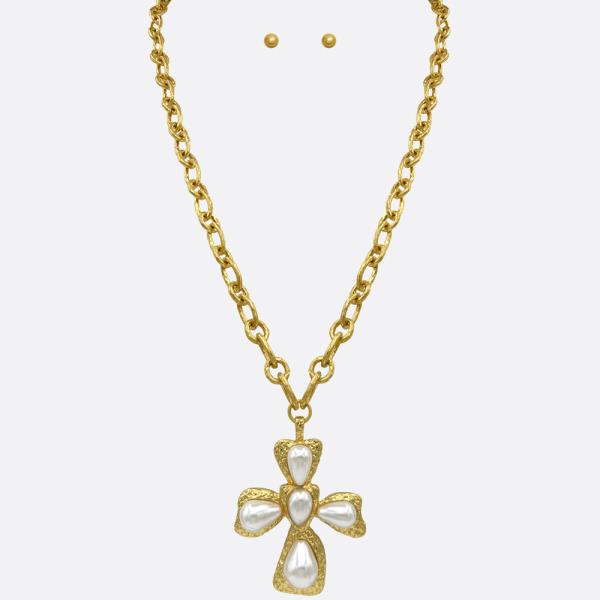 Pearl Cross Pendant Water Resistant Necklace Set