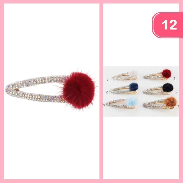 Rhinestone Pom Pom Hair Pin (12 Units)