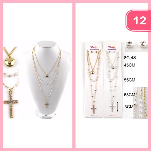 Layered Pearl Heart Cross Necklace (12 Units)
